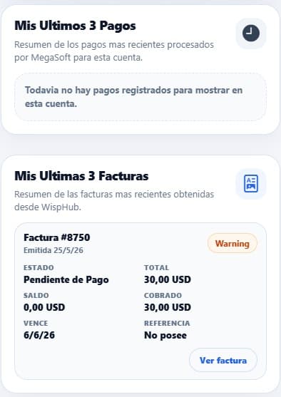Resumen de pagos y facturas dentro del portal WiFi